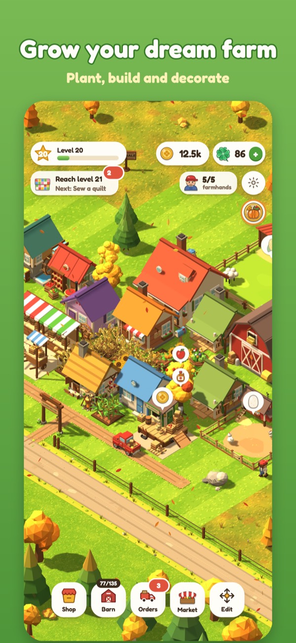 Screenshot: an overhead view of a bustling farm with colourful houses, a red barn and market stalls. Caption: Grow your dream farm