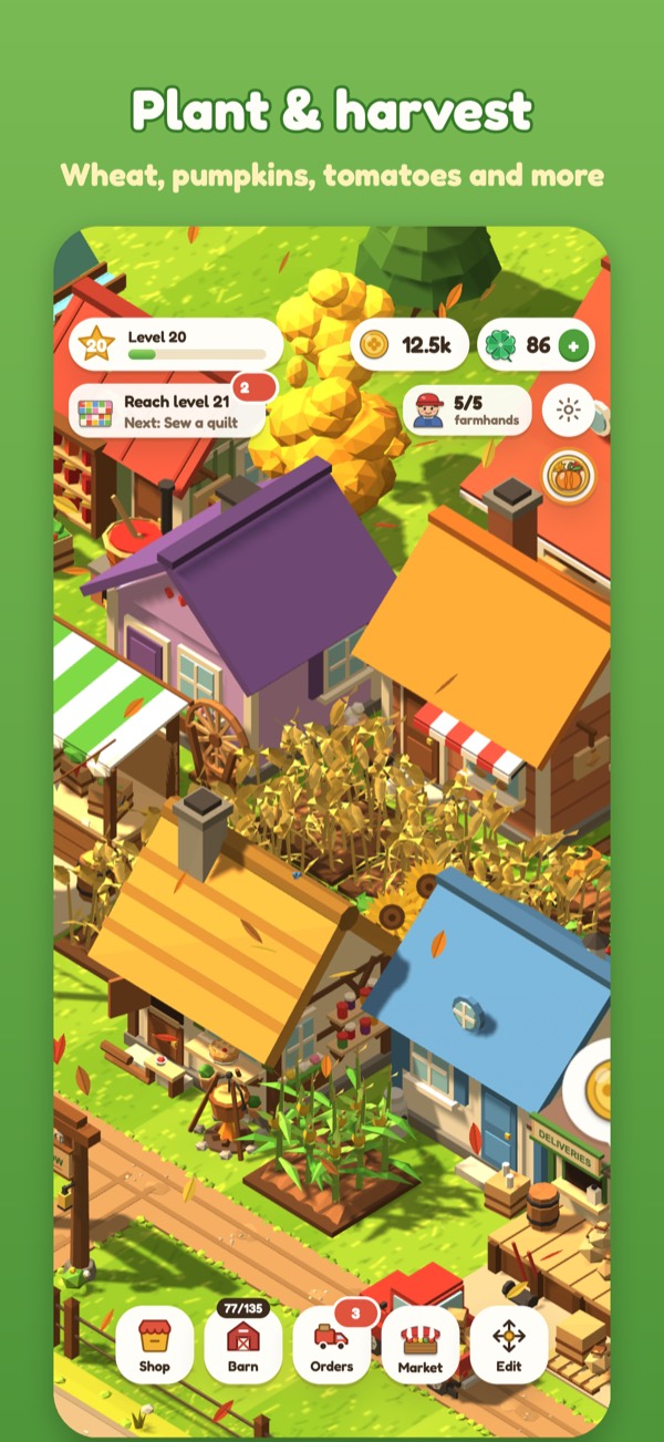 Screenshot: fields of corn, sunflowers and pumpkins beside cozy houses. Caption: Plant and harvest