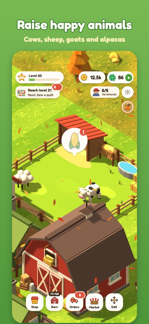 Screenshot: a pasture with cows, sheep and a red barn. Caption: Raise happy animals