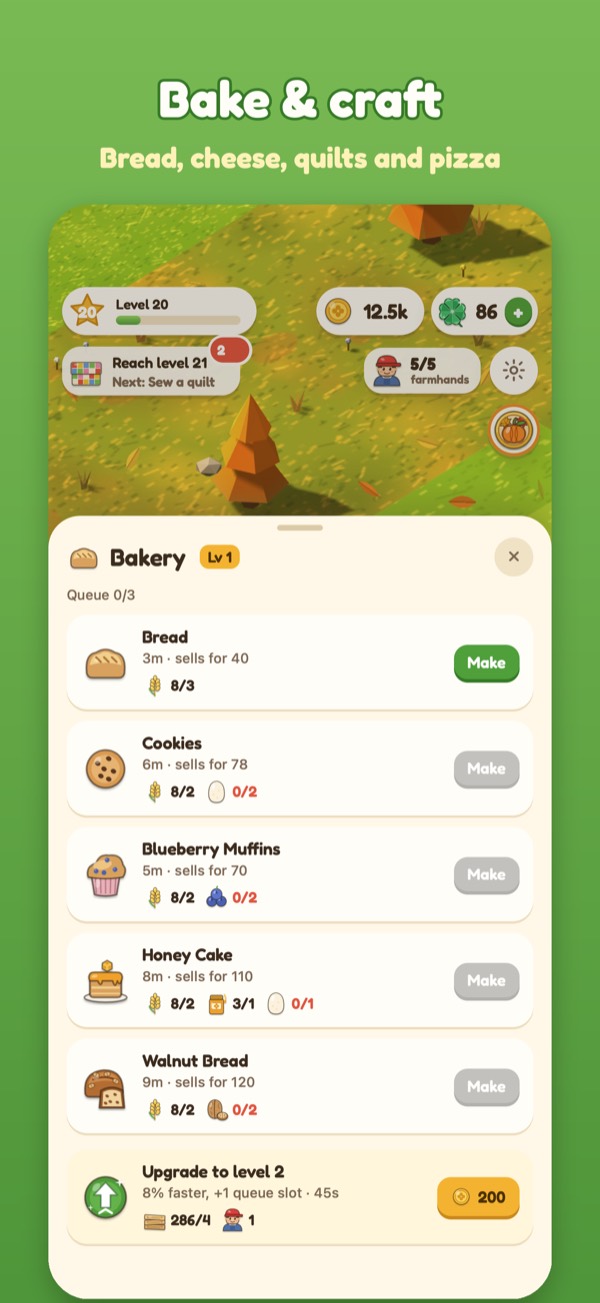 Screenshot: the Bakery queue with bread and cookies ready to make. Caption: Bake and craft