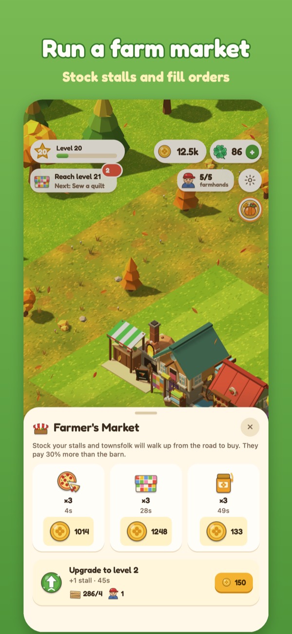 Screenshot: the Farmer's Market stalls in autumn. Caption: Run a farm market