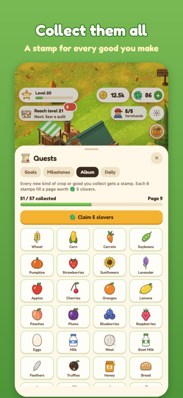 Screenshot: the Album page with crop and goods stamps, 51 of 57 collected. Caption: Collect them all